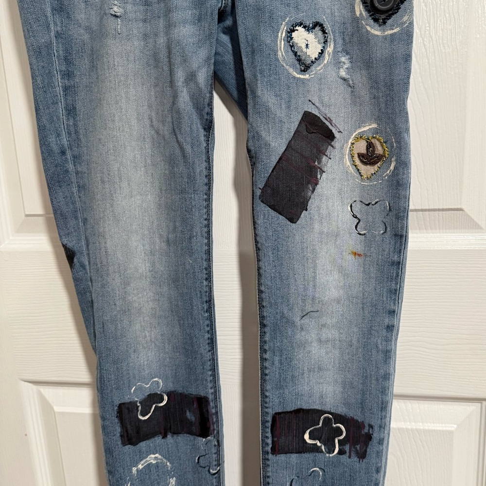 Distressed Blue Jeans With Patchwork Upcycled By … - image 3